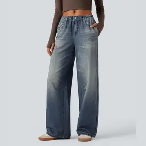 Halara Mid Rise Denim Print French Terry Casual Sweatpants Jeans with Pockets