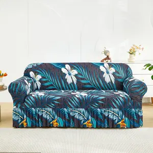 Tropical Hibiscus Palm Leaf Elastic Fit Sofa Cover with Skirt, Floral Sofa Protector, Pet-Proof, All Seasons