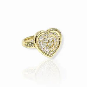 Heart Ring with Heart-Shaped Design, Gold Finish, Featuring Sparkling Stones, Elegant and Heart-Shaped Design