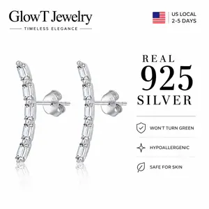 S925 Sterling Silver CZ Ear Climber Earrings - Trendy 5-Stone Baguette Curved Crawler Studs, Hypoallergenic Sparkling Jewelry Gift for Her, TikTok Viral Minimalist Silver Earrings for Sensitive Skin