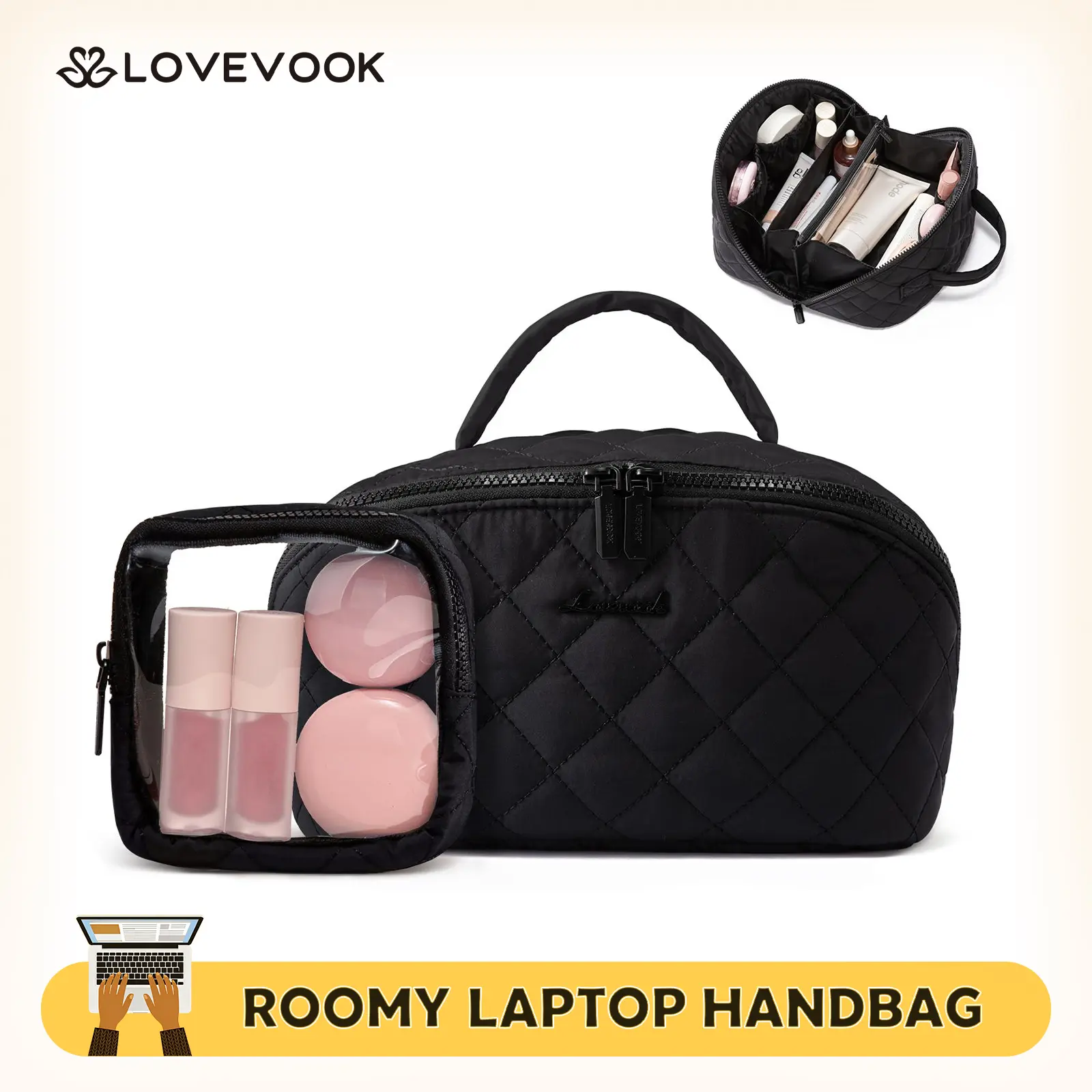 LOVEVOOK Travel Makeup Bag for Women,180° Lay-Flat Puffer Quilted Cosmetic Organizer,Portable Waterproof Toiletry Bag for Woman,Slanted Opening Make Up Bag for Everyday Use,TikTokShopBackToSchool