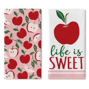 Apple Kitchen Dish Towels Set of 2, Life is Sweet Red Fruit Drying Hand Towel Baking Cooking Cloth, Spring Summer Farmhouse Bathroom Home Decoration 18'' x 26''