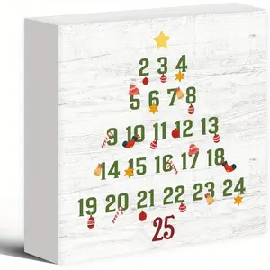 Christmas Countdown Calendar Tree Wood Box Sign Desk Decor, Christmas Countdown Decor, Christmas Countdown Wooden Block Sign Decorations for Home Room Wall Tabletop Shelf Decor, 5x5 Inch