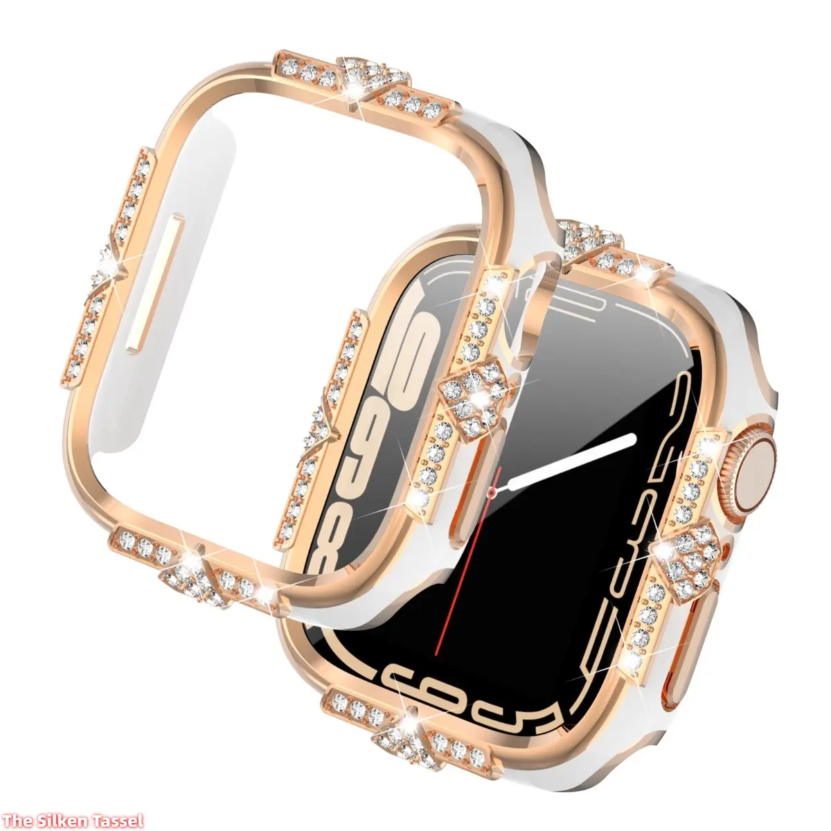 2 In 1 Watch Case With Tempered Glass Screen Protector, Laser Engraved Rhinestone Two Tone Protective Cover Compatible With Apple Watch All Series, Shiny Stylish Daily Accessory (No watch) Protection tiktokshopbacktoschool