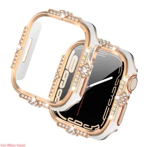 2 In 1 Watch Case With Tempered Glass Screen Protector, Laser Engraved Rhinestone Two Tone Protective Cover Compatible With Apple Watch All Series, Shiny Stylish Daily Accessory (No watch)