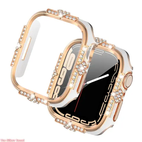 EYWXND 2-In-1 Wearable Accessory Set for All Smart Watch Series - Tempered Glass Screen Protector Film, Laser Engraved Rhinestone 2-Tone Secure & Stylish Cover, Daily Wear DIY Bag Accessory (No Watch Included)