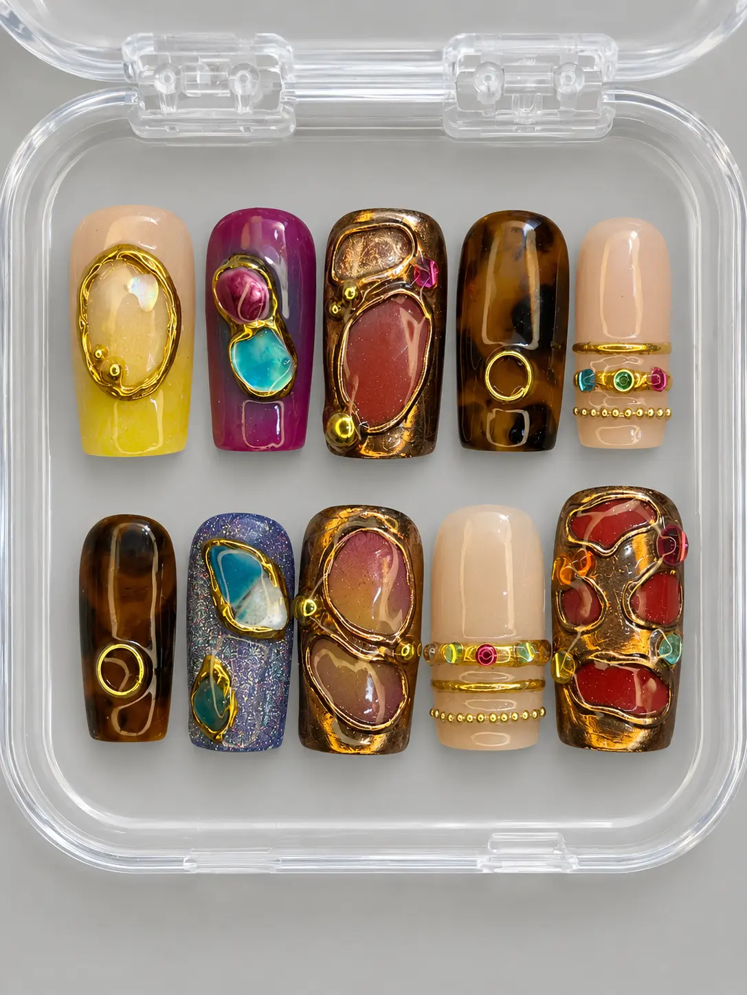 Luxury Gemstone Chrome Press-On Nails | Handmade Gold Frame Marble Statement Nails | Y2K Designer Retro Nail Set