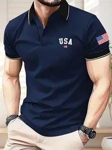 Men's Patriotic USA Golf Shirt Button-Front Placket Breathable Stretch Fabric Lightweight Golf Course Business Casual Attire American Flag Print Geometric Pattern Comfortable Fit Short Sleeve Top for Outdoor Enthusiasts Menswear Polo