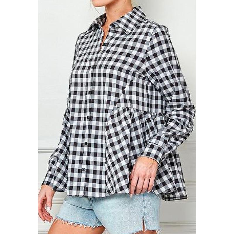 Kierra - Gingham print long sleeve ruffle hem button down shirt - Black