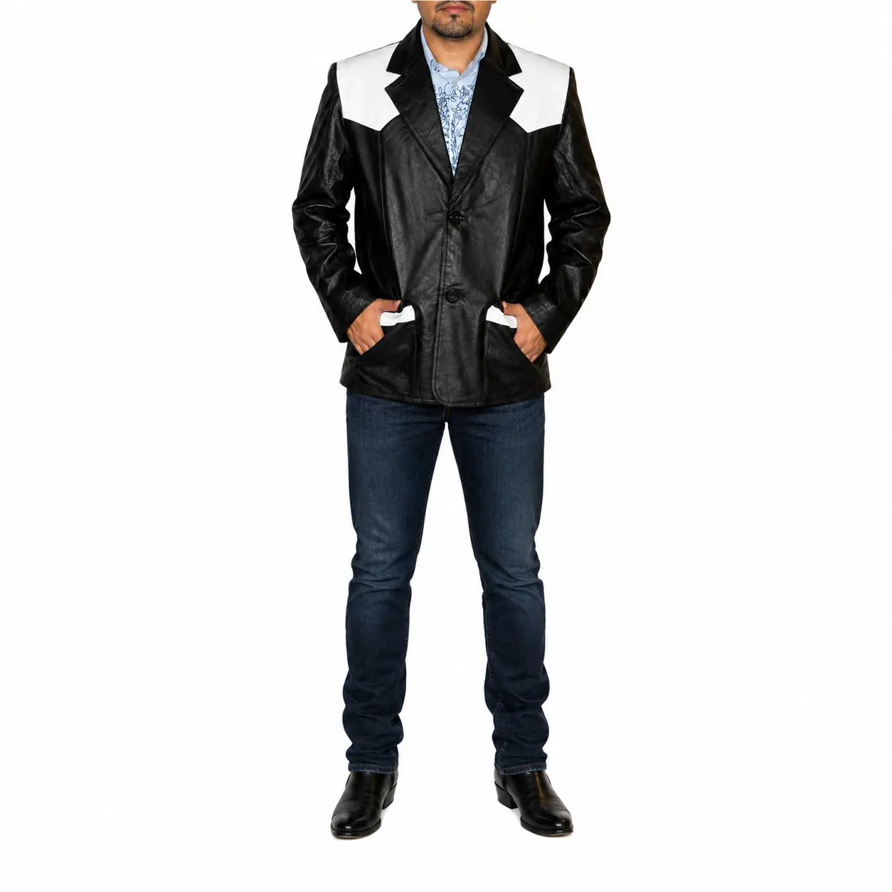 Menswear Stylish Long Sleeve Classic Men's Black/Beige Western Genuine Soft Leather Blazer, Style#369PN, 2 Front Pockets, 1 Inside Chest Pocket, Casual Biker Jacket