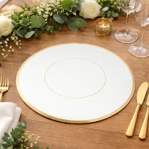50 Pack Round Disposable Table Placemats 13" White with Gold Rim – Cardboard Charger Plates for Catering & Special Events, 128 GSM