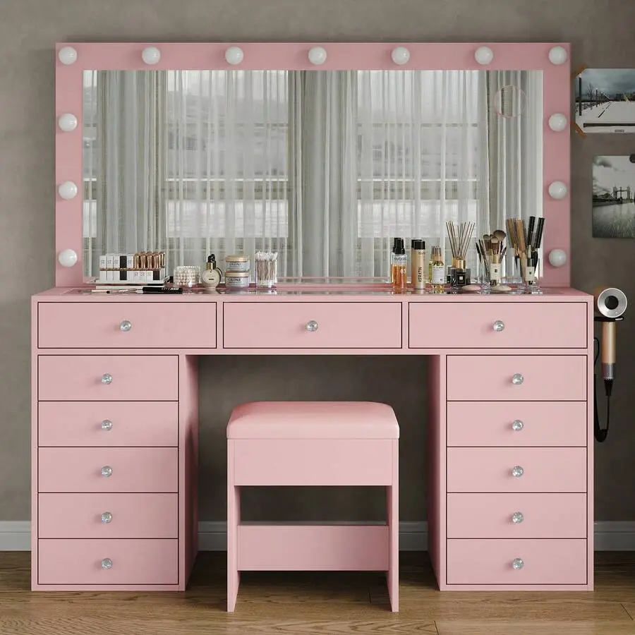 13 Drawers Pink Vanity Desk with 13 LED Bulbs 3 Color Lighting Modes Glass Top Makeup Vanity Table with Power Outlet & USB Ports for Bedroom