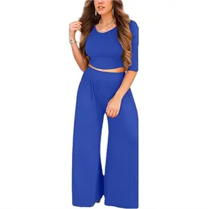 ZEAGOO Women's 2 Piece Outfits Sexy Backless Short Sleeve Crop Tops Wide Leg Long Pant Sets Sweatsuits Fitted Womenswear