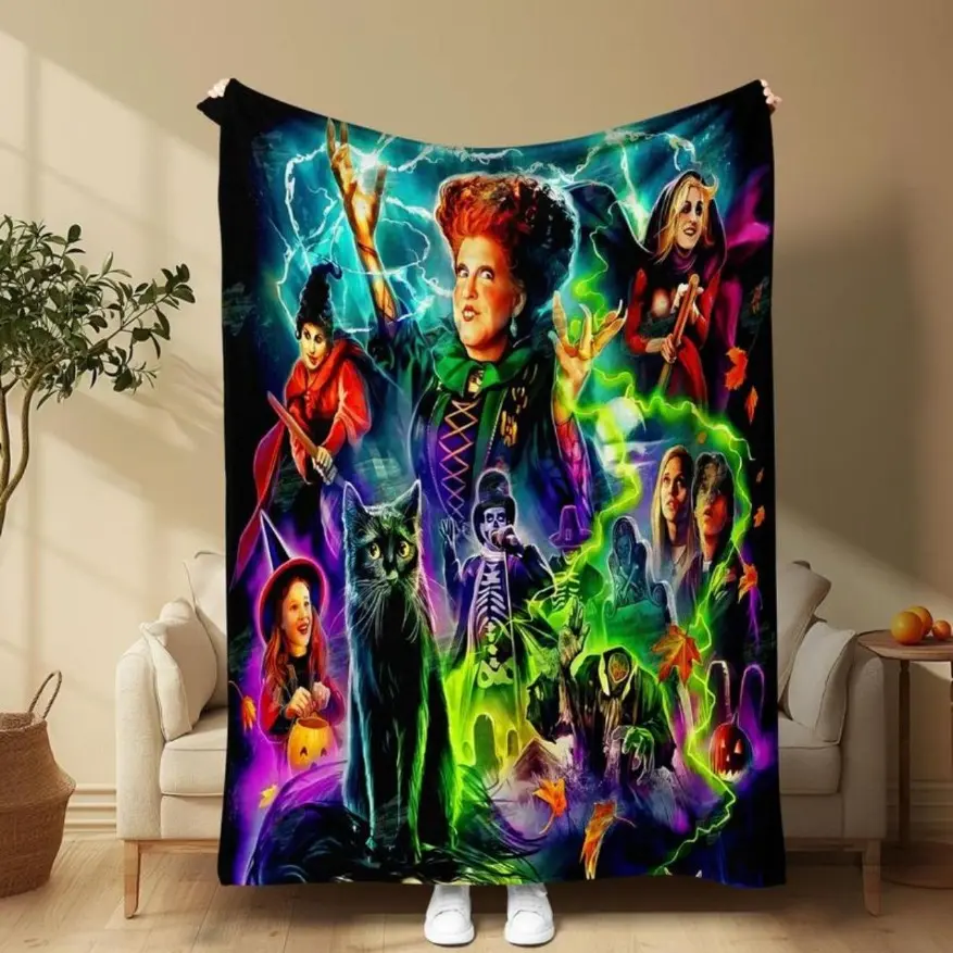 Hocus Pocus Poster Pattern Blanket, Soft Comfortable Throw Blanket, Cool Bedroom Bedding Blankets, Warm Napping Blanket For Home Office Travel Camping, Christmas Gifts, Christmas Decorations Horror