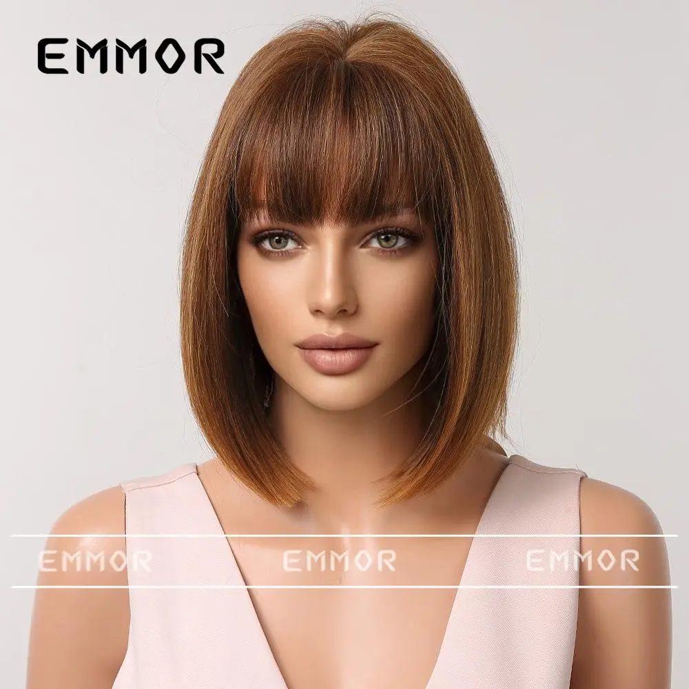 Women's Orange-Red Short Bob Synthetic Full Machine Wig with Bangs - Cross-Border Fashion Accessory Wig