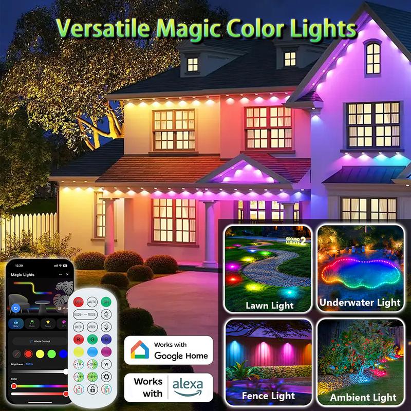 105ft/164ft 16 Million Colors IP67 Waterproof Smart Color Lights 63 Modes TUYA App Voice Control Music Sync Timer for Eaves Walls Pools Lawns Paths Fence