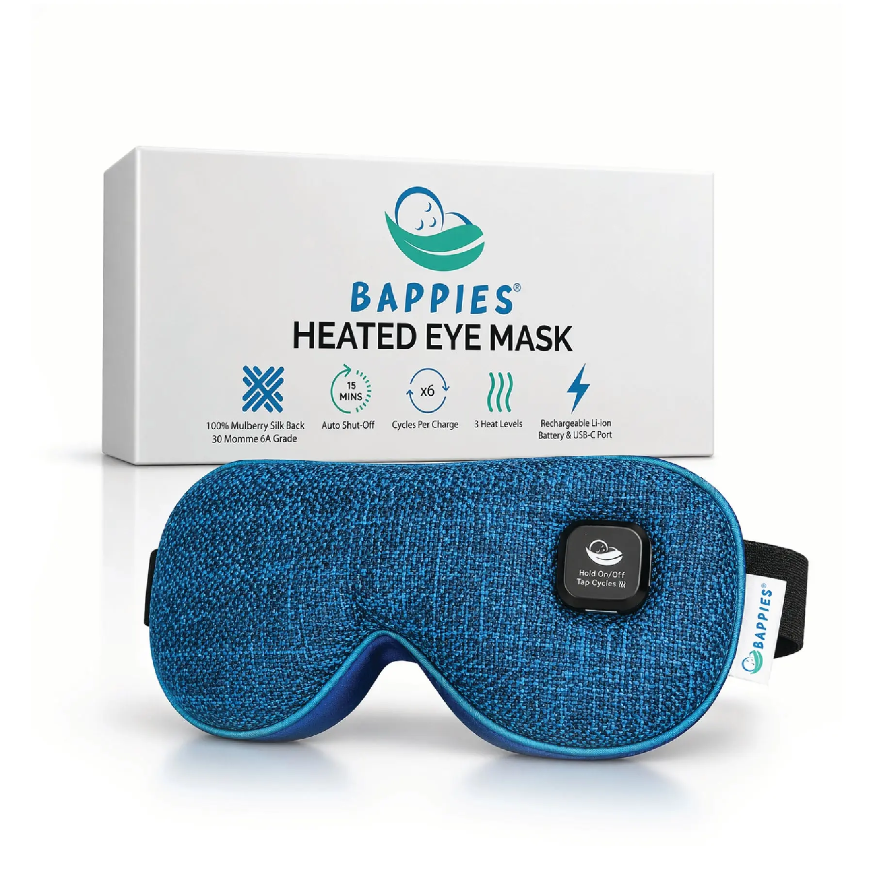 Bappies Heated Eye Mask for Dry Eyes, USB-C Rechargeable, Wireless, 3 Heat Levels, 30 Momme 6A Mulberry Silk, Warm Compress for Eye Strain, Blepharitis & MGD, HSA/FSA Eligible