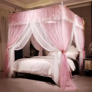 4 Corners Post Ruffle Bed Canopy Curtain-Double Layer Cozy Drape Netting 4 Opening Mosquito Net For Girls,Adults Bedroom Decoration (Pink/Whtie, 53" W*78" L*22"*H/(Full))