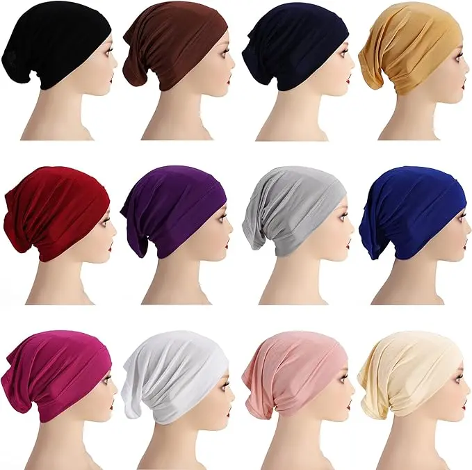 Unisex 12PCS Spandex Stretch Hijab Tube Caps - Casual Daily Muslim Under Scarf Turbans, Fade-Resistant Durable Clothing Accessories, Solid Color All-Season Hair Covers