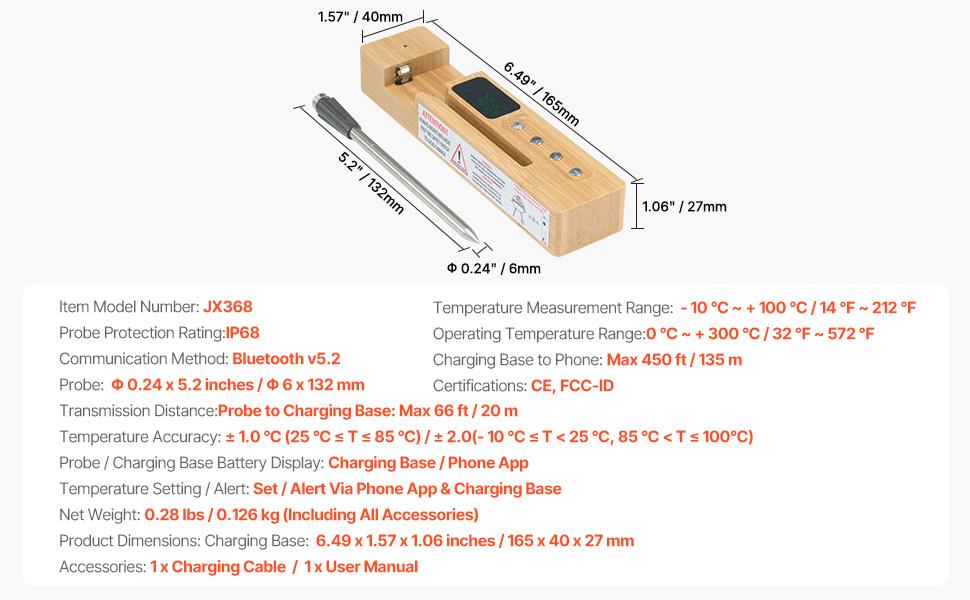VEVOR Wireless Meat Thermometer Bluetooth Meat Probe 500 ft Range for Cooking VEVOR Wireless Meat Thermometer Bluetooth Meat Probe 500 ft Range for Cooking