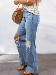 35711 Fashion street retro ripped loose straight mid-waisted women's mid-waisted denim trousers