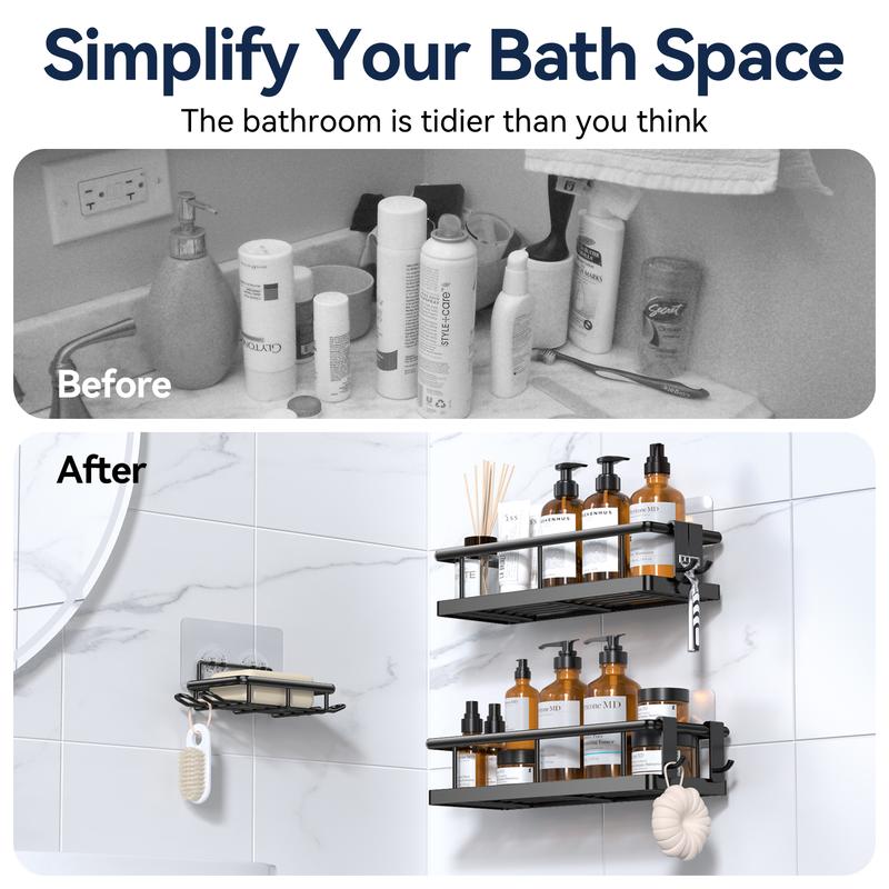 3/5 Wall-Mounted Shower Caddy Organizer Rack Set, No Drill Holder, Self Adhesive Black Basket, Bathroom Home Accessories Storage, Farmhouse Wall Inside Organization Decor, Hanging Kitchen Skincare,Removable Shelf Drying Fathersdaygifts