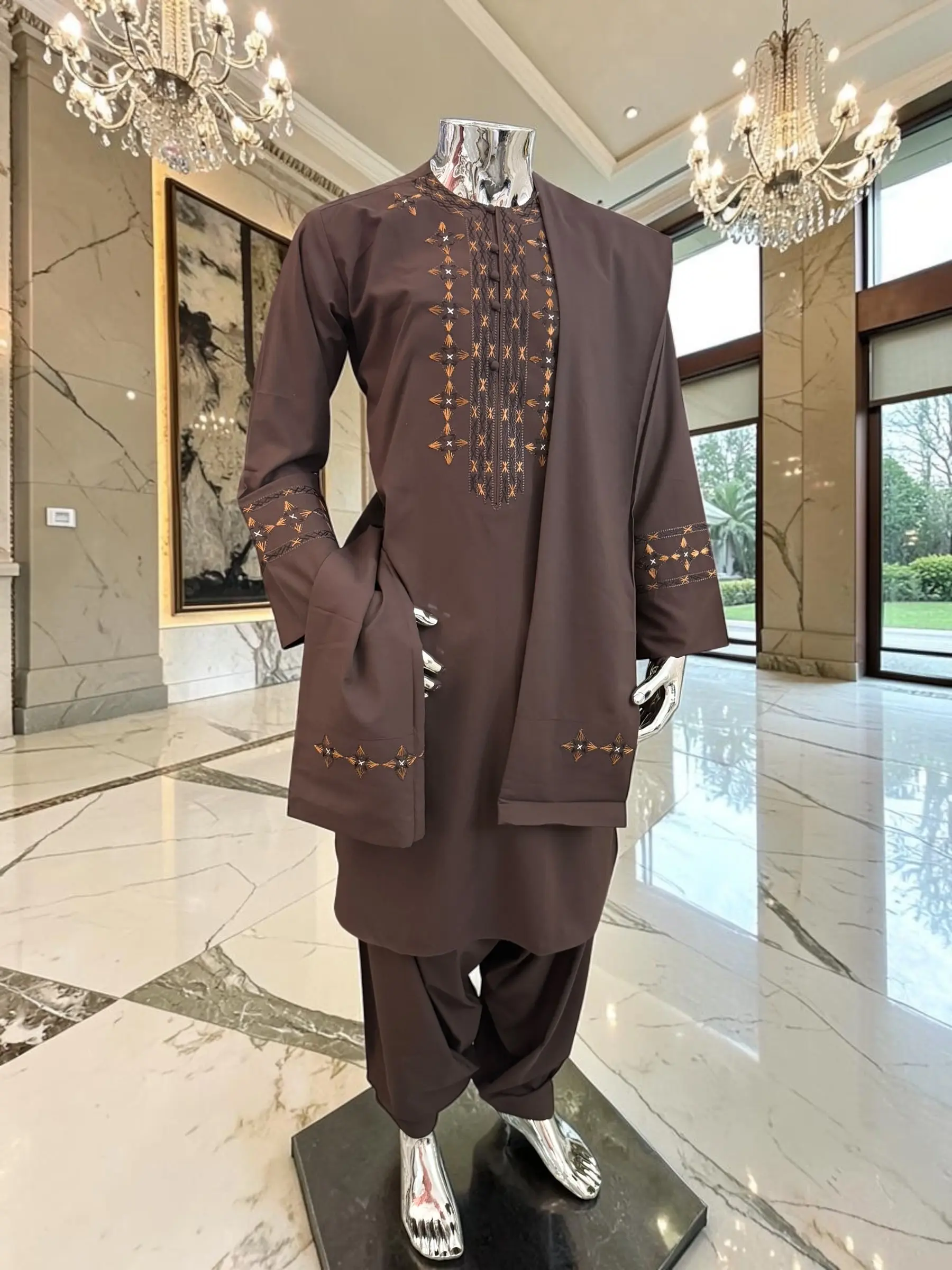Large Premium Hand Embroidered Brown Afghan Parahan Tunban Set with Matching Shawl