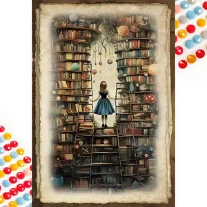 5D DIY Full Drill Round Diamond Painting - Diamond Art Kit Girl, Bookshelf, Ladder Mosaic, Canvas - DIY Decorative Painting, Handcraft, Home Wall Art, Suitable for Halloween and Christmas, Birthday and Anniversary Gifts, Handmade Gifts