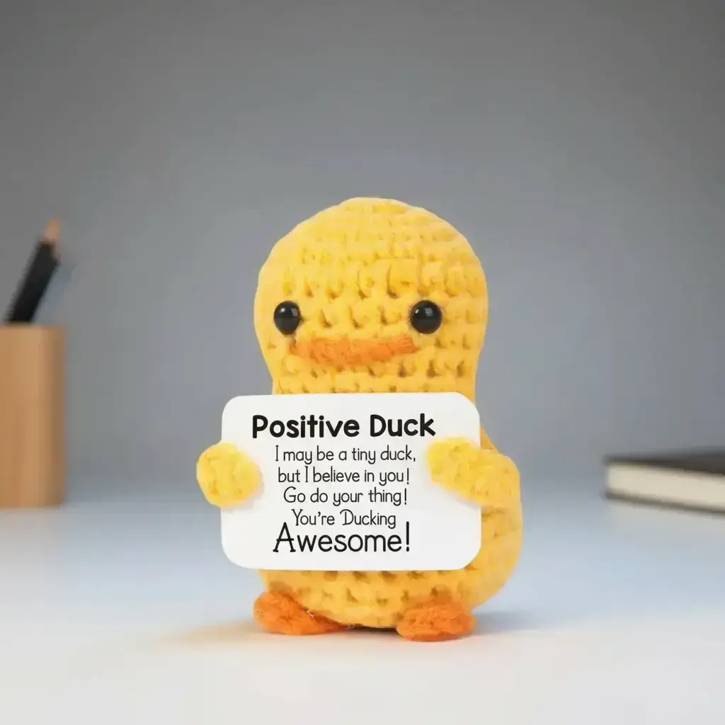 Cute Knitted Duck with Positive Card, Handmade Emotional Support Crochet Doll for Gift, DIY Knitting Supplies for Home Office Decor, Soft Adorable Stuffed Animals, Cute Girly Gifts, Toy Plushies, Handmade Crochet Figure, Cute Duck Design, Soft Cuddly Gift