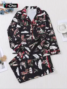 2 Pieces Of Women's Western Cowboy Denim Horse Riding Printed Long Sleeved Pants Sleepwear Pajama Set with Pockets Fitted Suitable for All Seasons, Comfortable and Elegant Casual Home Wear, Loungewear
