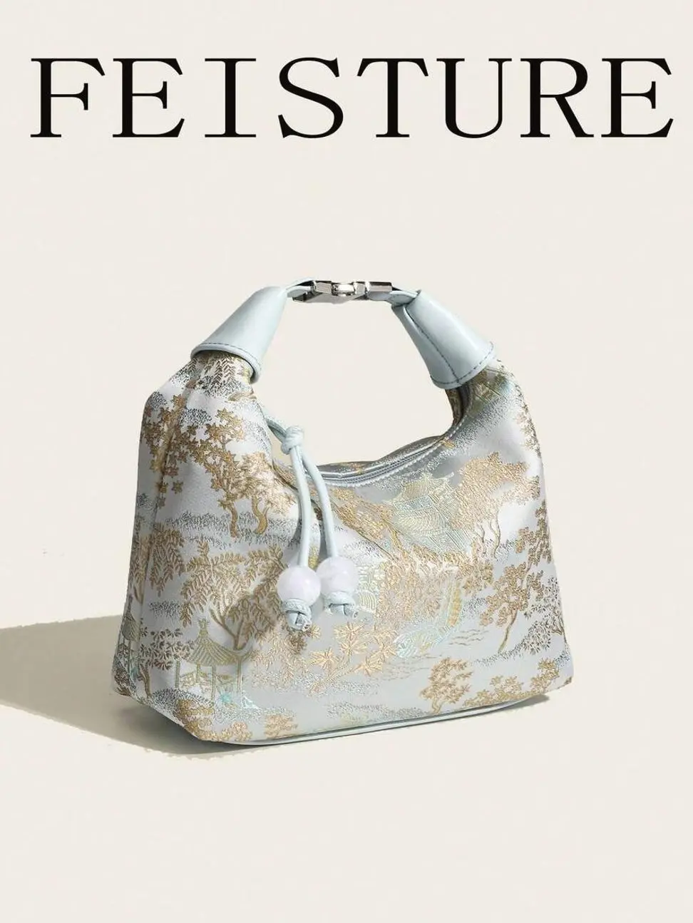 Women’s Vintage Jacquard Hobo Bag, Scenic Floral Shoulder Purse with Knot Tassels and Zip-Top Closure