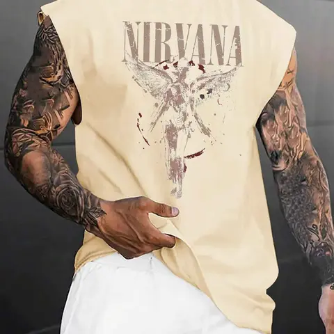 Men's Vintage Angel Graphic Print Fitted Knit Fabric Tank Top Vest, Casual Streetwear Sleeveless Top for Summer, Men's Clothes for Daily Wear