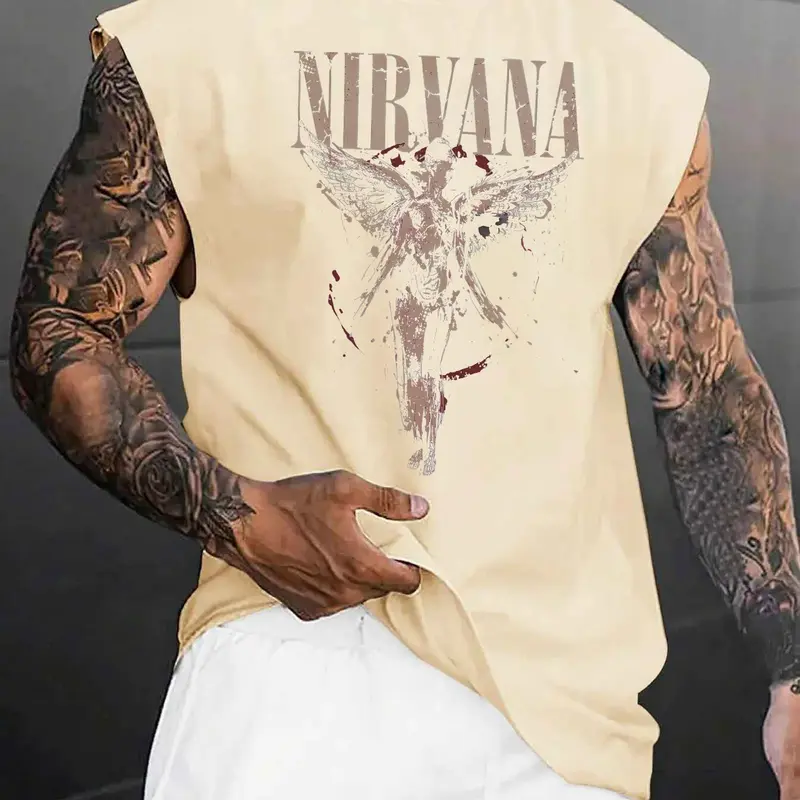 Men's Vintage Angel Graphic Print Fitted Knit Fabric Tank Top Vest, Casual Streetwear Sleeveless Top for Summer, Men's Clothes for Daily Wear
