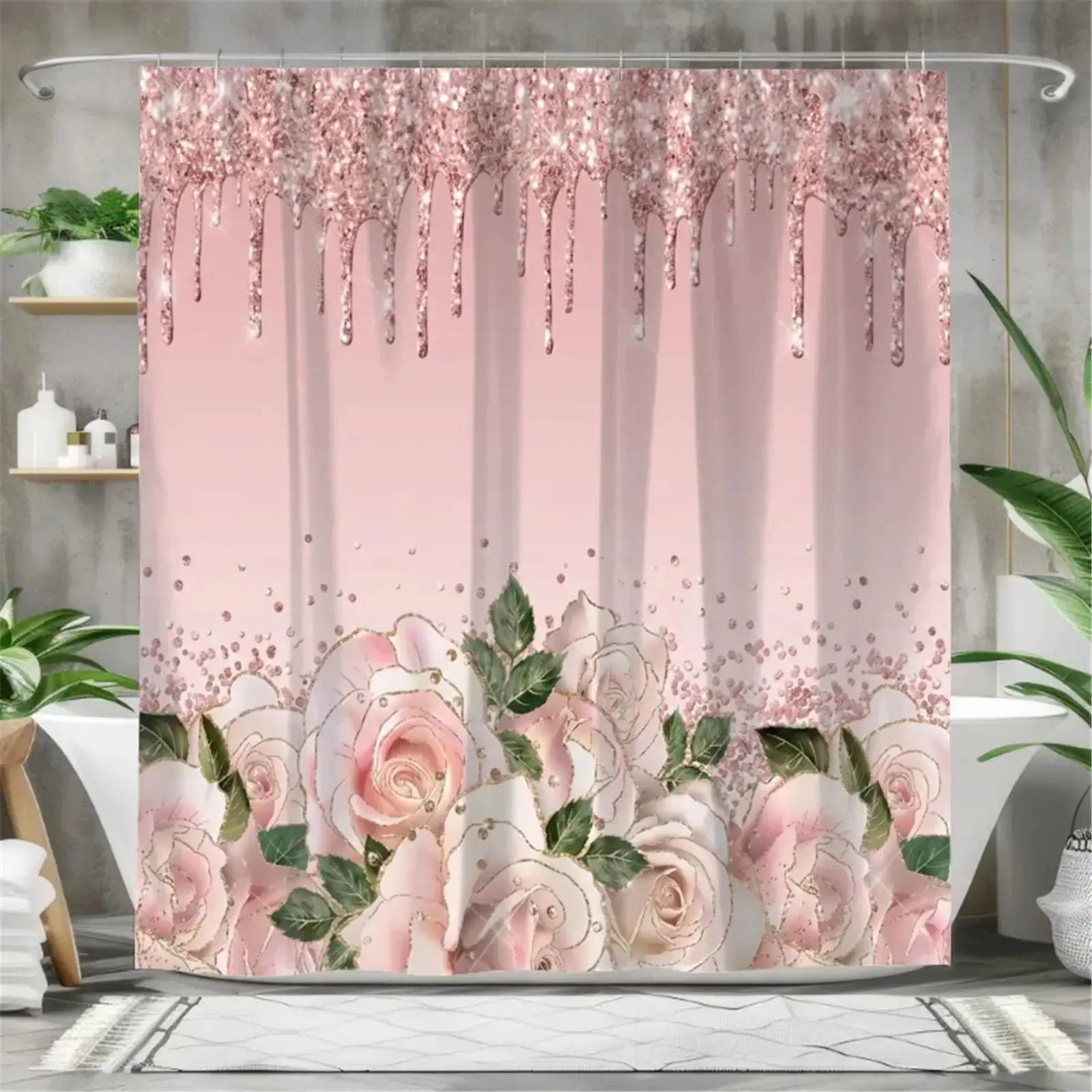 Pink glitter rose shower curtain set, waterproof shower curtain with 12 hooks, non-slip bathroom carpet, toilet U-shaped cushion, toilet seat cover cushion, bathroom decoration, bathroom shower curtain set, perfect mobile gift