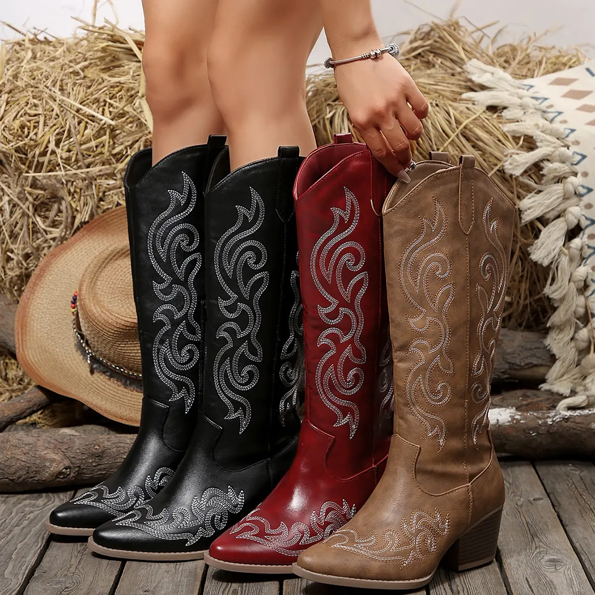 Women's mid-calf boots with side zipper, chunky heel retro design, glossy eye-catching finish, synthetic leather upper, suitable for everyday wear and party travel