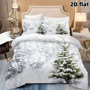 2D flat 3-piece snow forest Christmas tree duvet set, winter holiday themed bedding series bedroom decoration white ultra-fine fiber duvet set Christmas gift (1 duvet set+2 pillowcases unfilled)