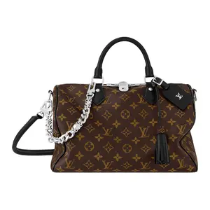Louis Vuitton Speedy Soft 30 Detachable Adjustable Strap Zippered Pillow Bag with Leather Trim, Bowling Bag Style Handbag for Women in Brown