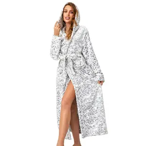fleece fluffy warm loungewear s-5xl RONGTAI Womens Robes Plush Fleece Hooded Bathrobe Thick Nightgown with Pockets Fluffy Sleepwear Long Sleeve Leopard Print Soft Womenswear