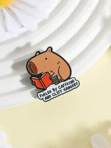 Capybara Reading Cartoon Brooch Pin Clip Cute Capybara Holding Book Coffee Cup and Fueled by Caffeine and Cliff Hangers Brooches, Decoration Backpack Clothes Lapel Badge Jewelry Gift for Book Lovers Coffee Addicts