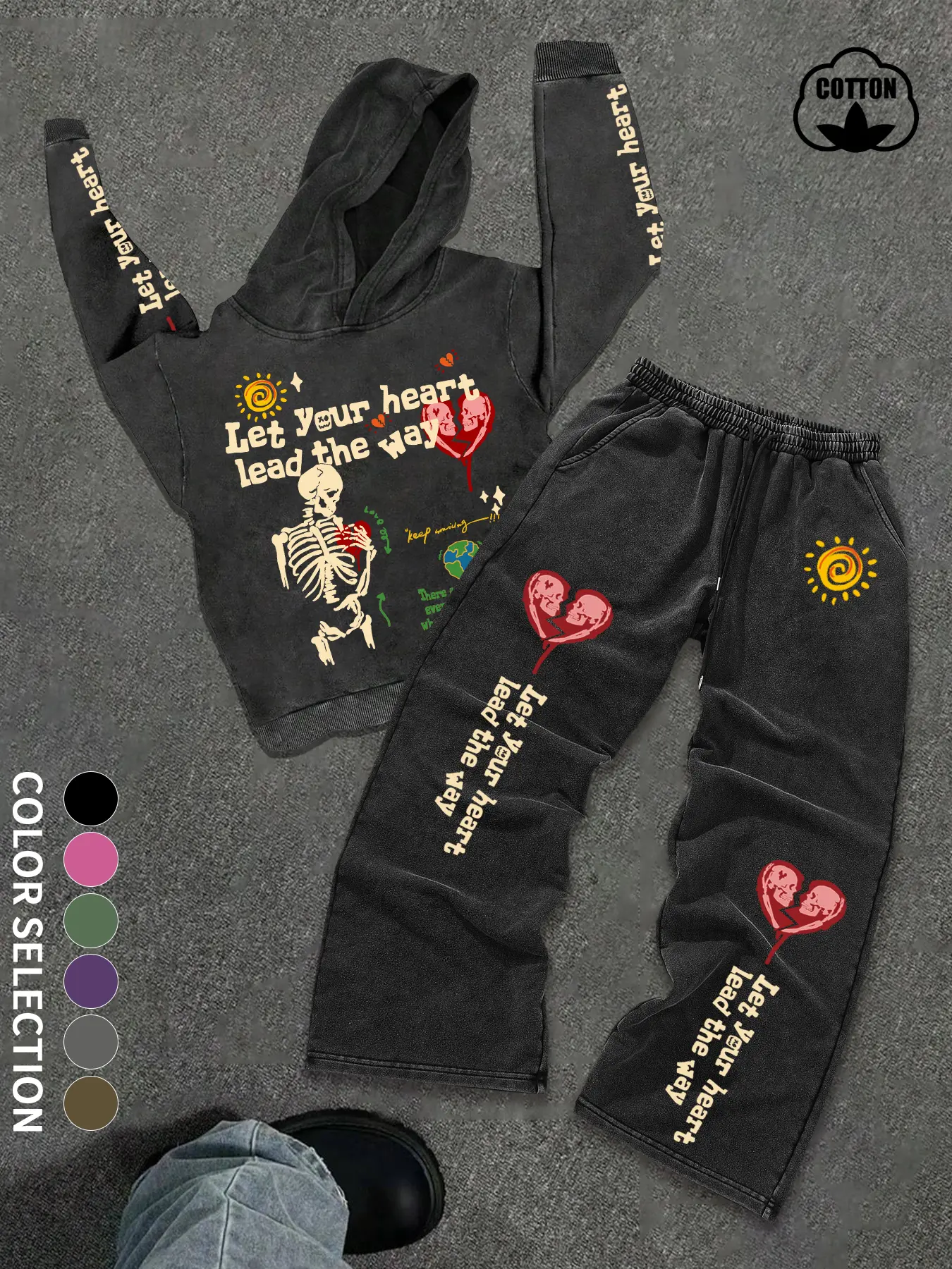 Men's Cotton Vintage Skull Heart Print Hoodie Set, Casual Streetwear Matching Set Long Sleeve Sweatshirt & Pants Two-Piece Clothes for All Seasons Knitwear Set