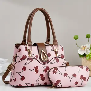 Chic Cherry Print 2-Piece Handbag Set for Women, Stylish Satchel Purse, Top Handle Everyday Tote, Crossbody Shoulder Bag with Detachable Strap