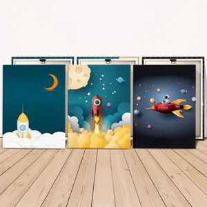 3 Counts Wooden Framed Canvas, Cute Cartoon Rocket Spaceship And Astronaut Images, Exquisite Poster, Perfect Living Room Decoration, Modern Art, Fashion Family Poster, Wall Art Decoration, Odorless, Artwork
