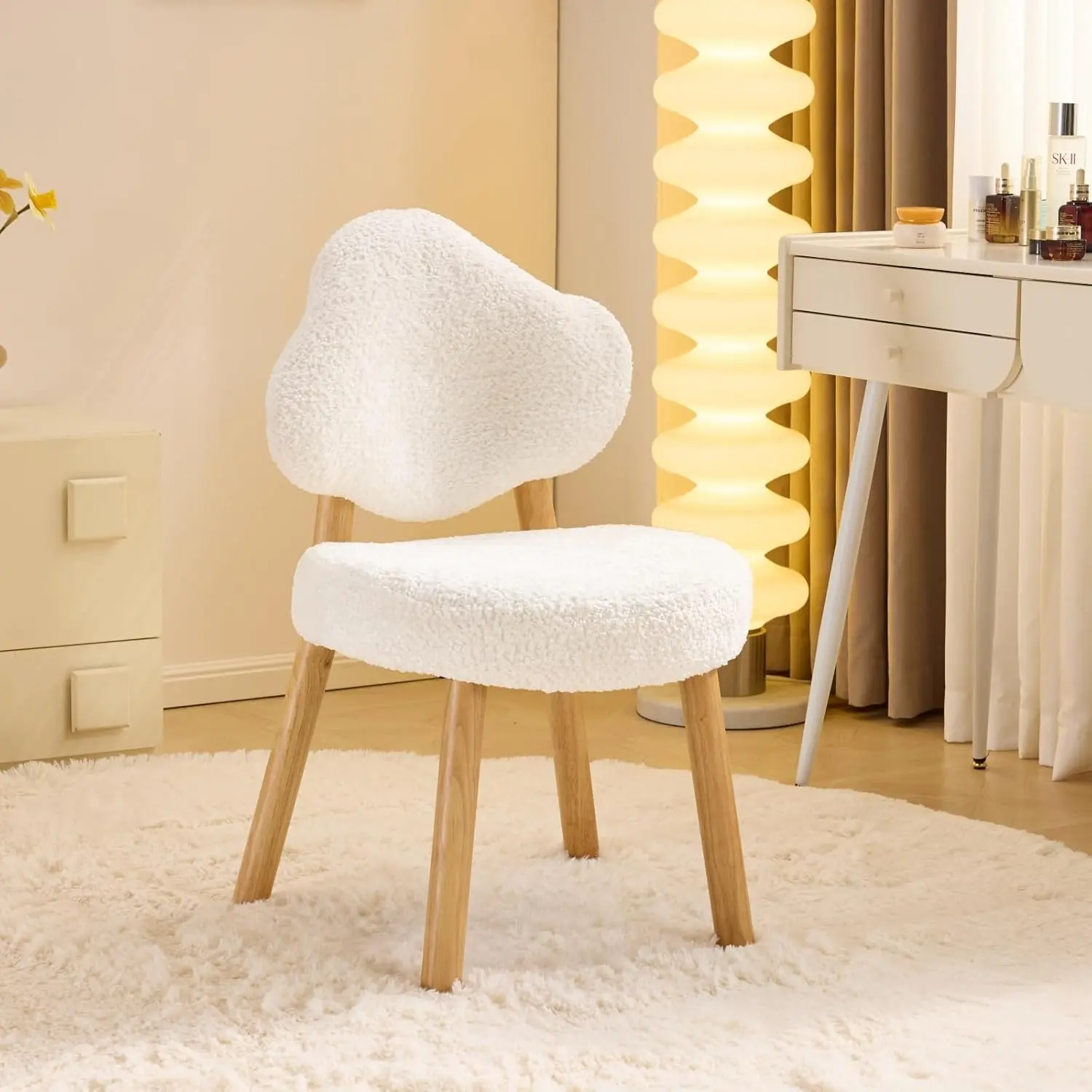 VINGLI Plush Chenille Velvet Vanity Chair - Armless, Cloud-Back, 4 Solid Wood Legs, Non-Wheeled, Scratch-Safe Pads, Modern Desk Accent Chair for Girls' Bedroom, Office