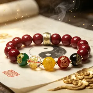 Retro Red Cinnabar Beads Bangle with Colored Gold-Printed Accents - Daily Accessory for Ensuring Safety, Clearing Energy, Bringing Good Luck, Driving Away Gloom