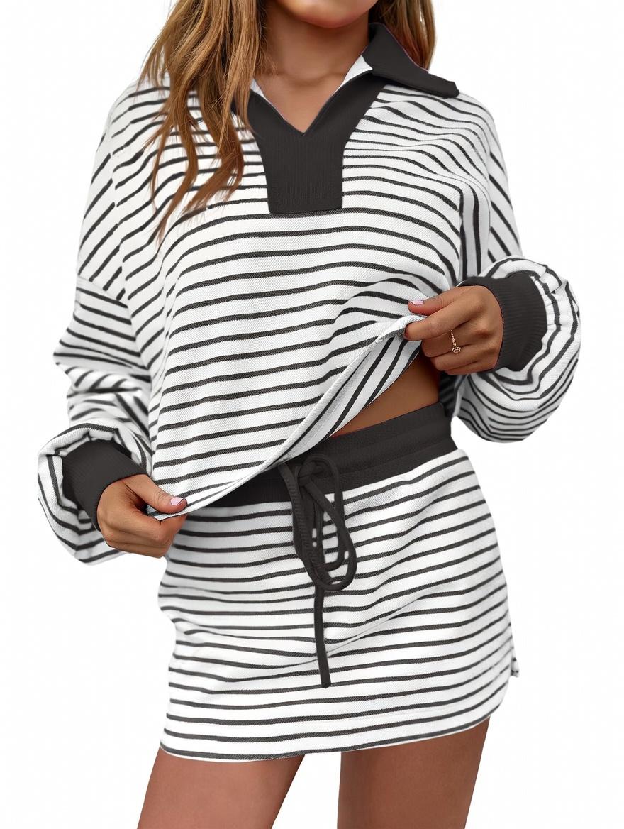 Women's 2-Piece Striped Lounge Set – Oversized Long Sleeve Polo Sweatshirt and Drawstring Mini Skirt Set – Trendy Fall 2025 Streetwear Casual Tracksuit