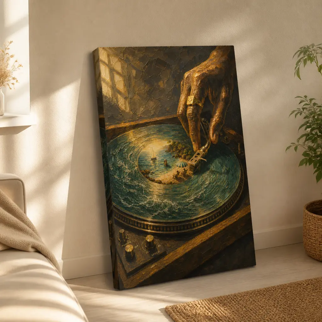 Surreal Ocean Wall Art, Gallery Wrapped Canvas with Miniature World Inside Vinyl Record, Fantasy Landscape Decor for Living Room Bedroom Creative Space
