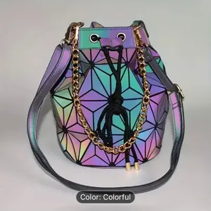 Glow-in-the-Dark Geometric Drawstring Bucket Bag Colorful with Gold Chain Detail and Colorful Design