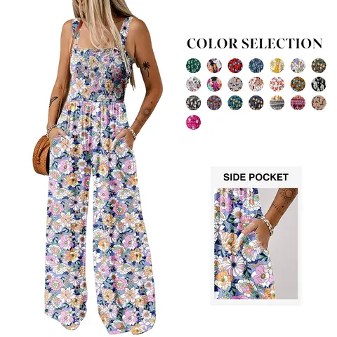 Dokotoo Women's Casual Loose Overalls Jumpsuits One Piece Sleeveless Printed Wide Leg Long Pant Rompers With Pockets Bohemian Womenswear