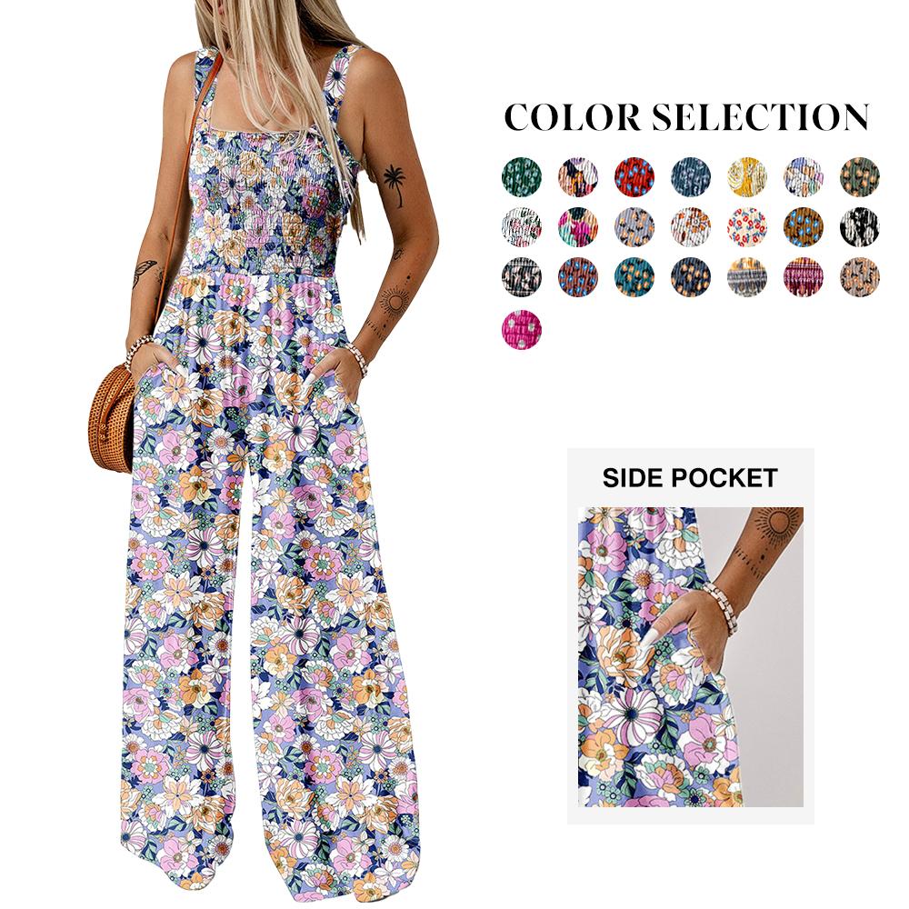 Dokotoo Women's Casual Loose Overalls Jumpsuits One Piece Sleeveless Printed Wide Leg Long Pant Rompers With Pockets Boh