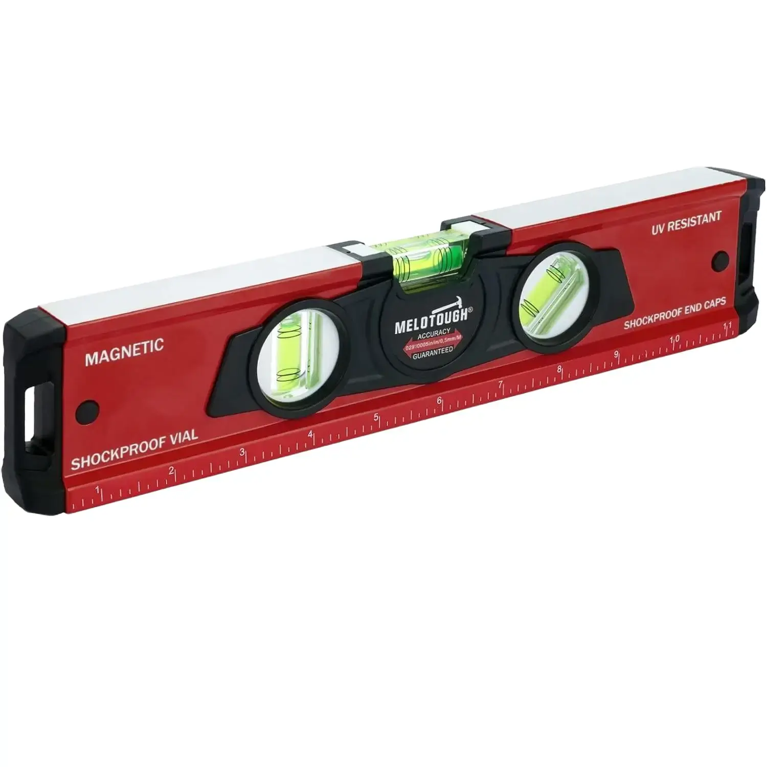 MELOTOUGH 12 Inch Magnetic Torpedo Level, 12 Inch Aluminum Bubble Level with Scale, 45°/90°/180° Vial Leveler Tool, Hardware Tool Box for Construction, Red